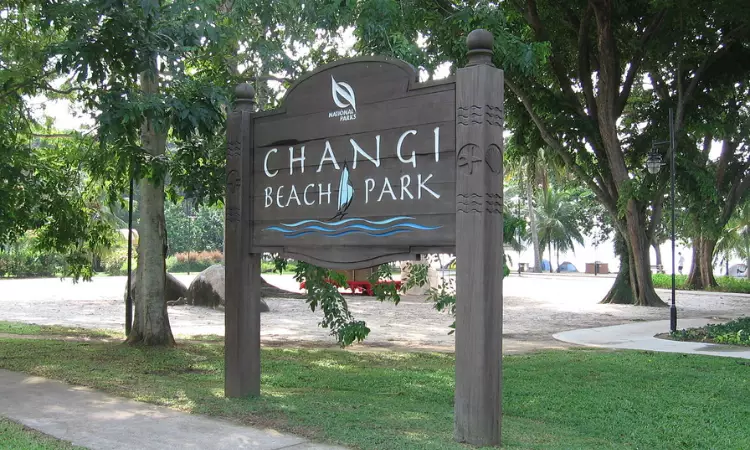 The name board of the Changi Beach